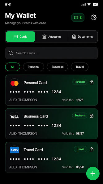 Secure Card Wallet screenshot: card vault screen