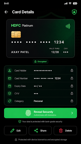Secure Card Wallet screenshot: bank account vault