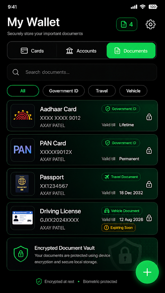 Secure Card Wallet screenshot: tickets and passes