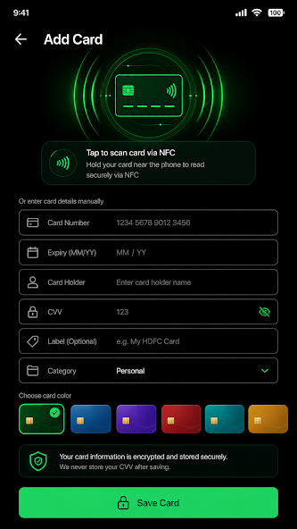 Secure Card Wallet screenshot: biometric encrypted vault
